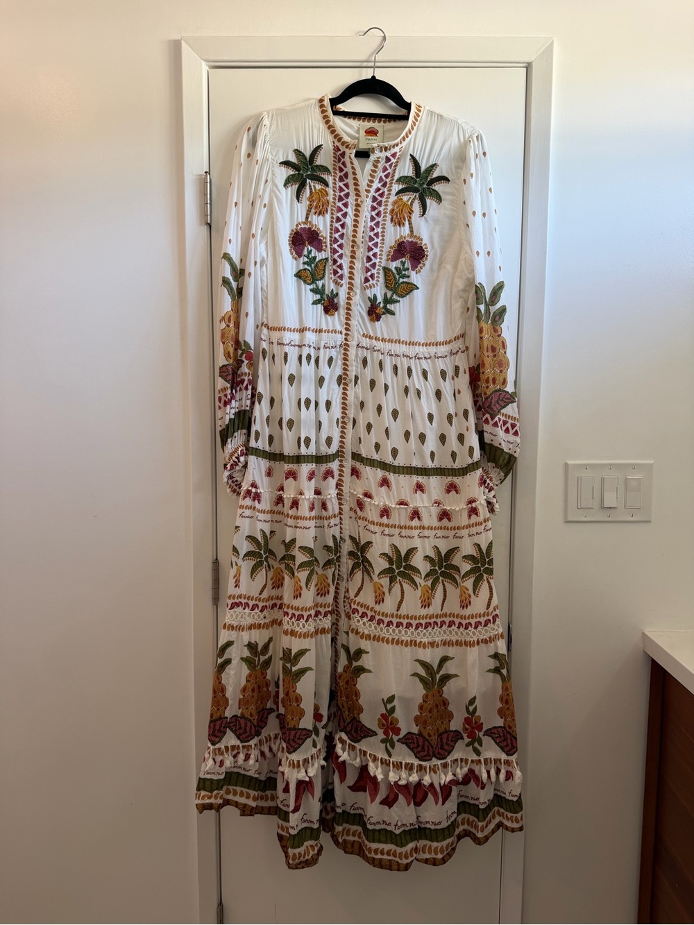 Farm Rio Bohemian Embroidered Maxi Dress - White with Multicolor Tropical Motif - Picture 1 of 5